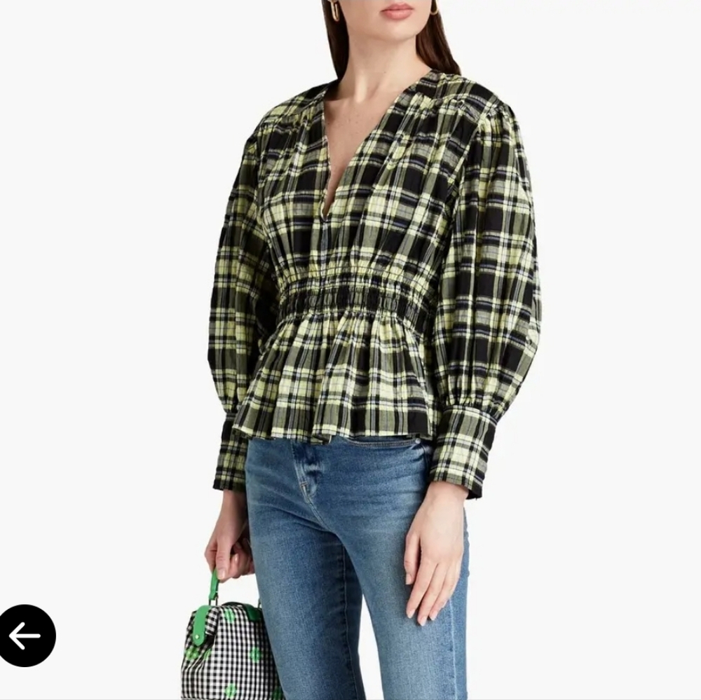 Ganni Seersucker Check Plaid V Neck Gathered Peplum Top Size 34